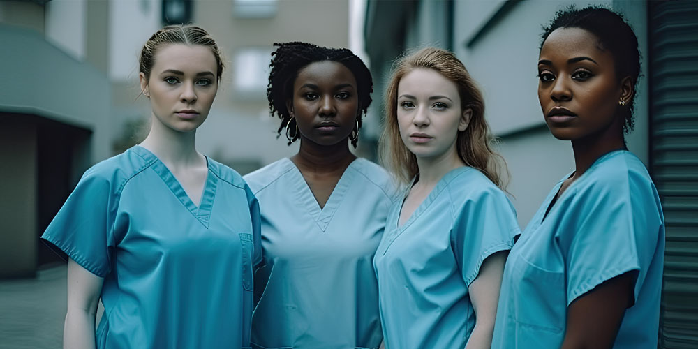 A group of nursing staff posing for a photograph in a hospital corridor.