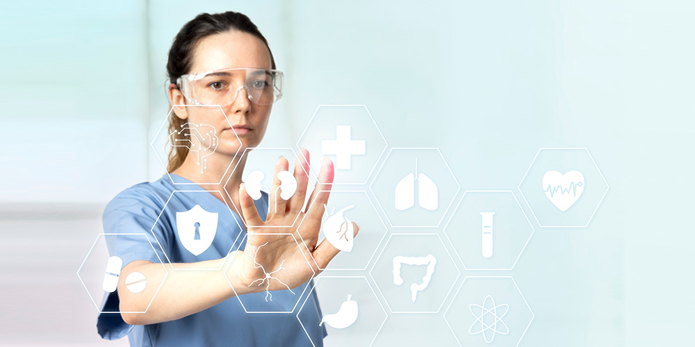 A nurse examines a patient's advanced clinical report on a screen.