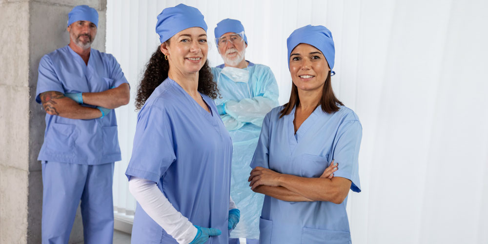 Five registered nurses within a healthcare facility working on a report.