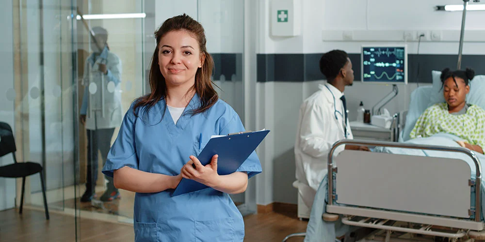 Nurse assisting to a patient in rehabilitation recovering from injury