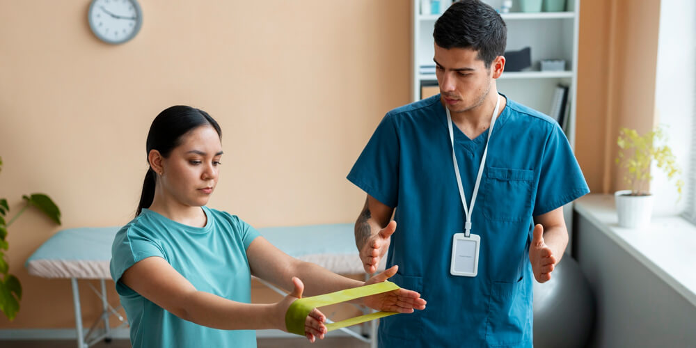 Nurse assisting to a patient in rehabilitation recovering from injury